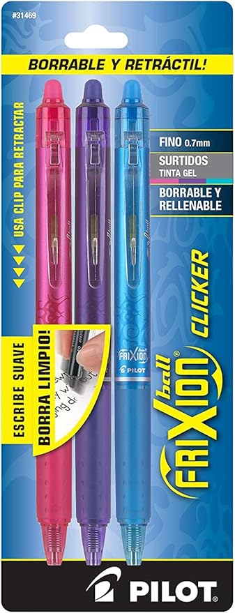 PILOT FriXion Clicker Erasable, Refillable & Retractable Gel Ink Pens, Fine Point, Pink/Purple/Turquoise Inks, 3-Pack (31469)