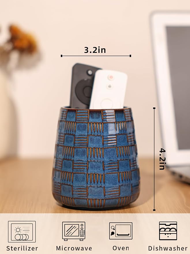 GDCZ Ceramic Remote Control Holder, Remote Caddy Organizer Storage, Remote Organizer for Table, TV Remote Holder, Makeup Brush Pen Holder, Space Save for Office Desk (Blue)