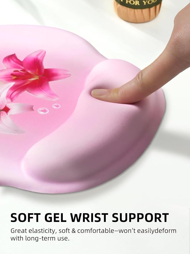 Lily Floral Mouse Pad Wrist Support Wrist Rest, Flower Ergonomic Mouse Pad with Non-Slip Base for Office Gaming Working Computers,Desk Accessories Pain Relief Mouse Mat, White