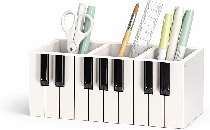Piano Keys Desk Organizer, 3 Compartment Wooden Pencil Holder, Music-Themed Pen, Pencil, Scissors, Ruler Storage Box for Office, Home, Classroom