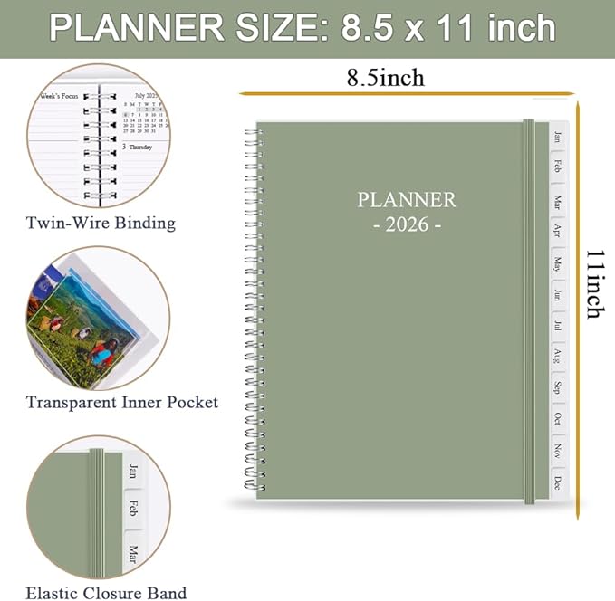 2026 Planner - Planner 2026 from January 2026 - December 2026, Monthly and Weekly Calender with 12 Tabs, 8.5" x 11", Green