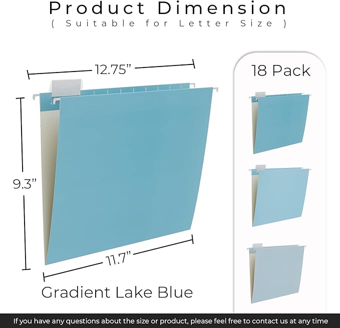 Y YOMA 18 Pack Gradient Hanging File Folders Letter Size Decorative Hanging Folder Pretty File Folder Organizer for Filing Cabinet Office Home with 1/5-Cut Adjustable Tabs, Lake Blue
