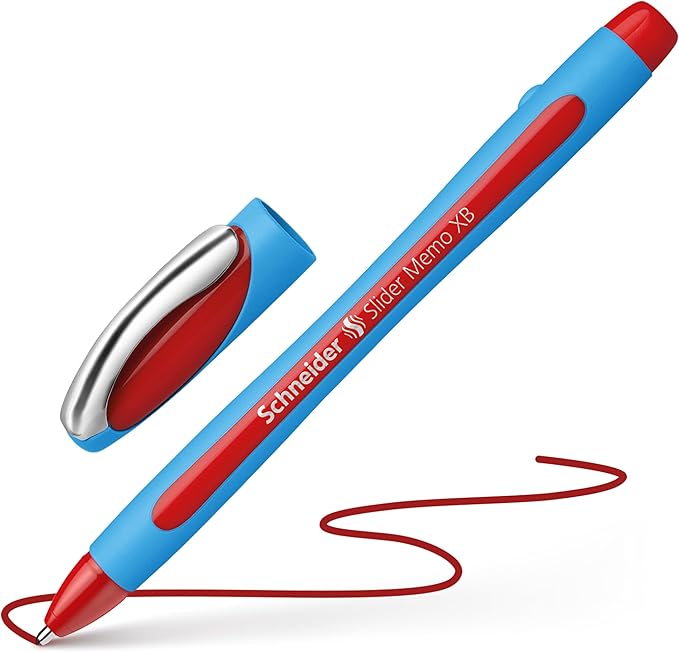 Schneider Slider Memo XB (Extra Broad) Ballpoint Pen, 1.4 mm, Light Blue Barrel, Red Ink, Box of 10 Pens (150202)