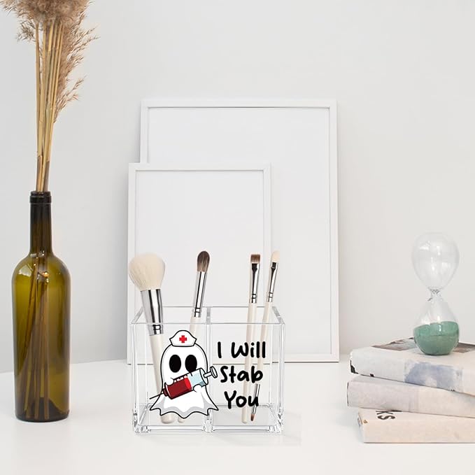 I Will Stab You Acrylic Cosmetic Pencil Pen Holder Funny Nurse Pen Holder Cup Cute Ghost Gifts for Nursing Graduation Women Girl Decor for Medical Office Desk Accessories