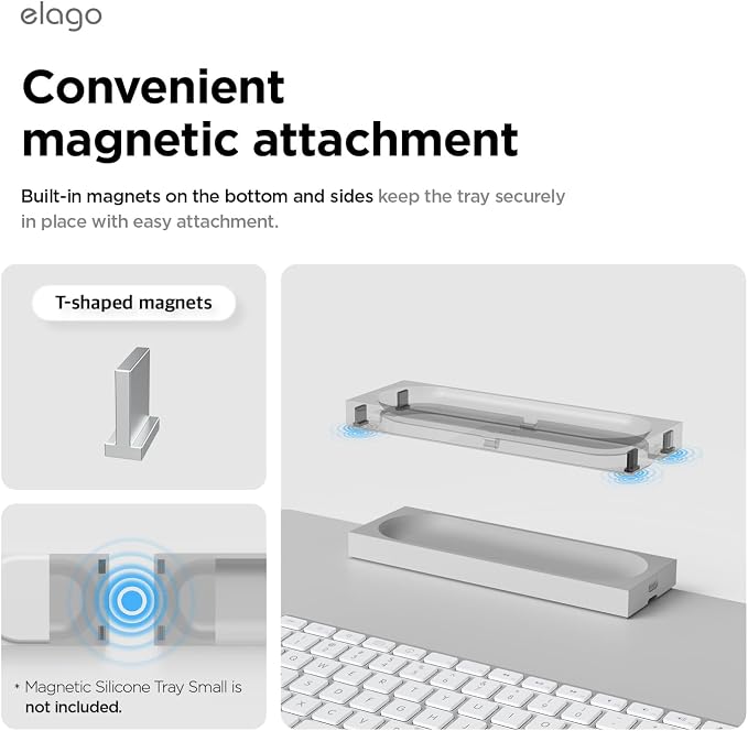 elago Smart Magnetic Desk Mat Pencil Tray – Soft Silicone Organizer for Office Supplies, AirPods, Glasses, Pens – Noise-Free, Non-Slip, Washable, Item for Desk Management [Medium] (Light Grey)