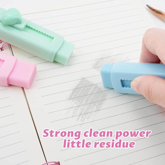 CEYAZYE 12PCS Sliding Retractable Pencil Erasers, Cute Push-Pull Rubber Eraser with 8 Plastic Sleeve & 4 Refills, Expandable Pen Eraser, Home School Supplies for Students Artists