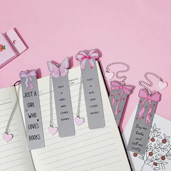 Pink Bowknot Stainless Steel Bookmark - 5pcs Set with Cute Patterns & Heart Pendants, Ideal for Female Readers