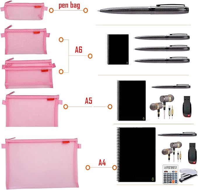 Pendancy Mesh Zipper Pouch 5pcs Lightweight Nylon File Folders Document Organizer Cosmetic Bags Accessories Storage for Travel and Office Supplies(Pink, A4 A5 A6)