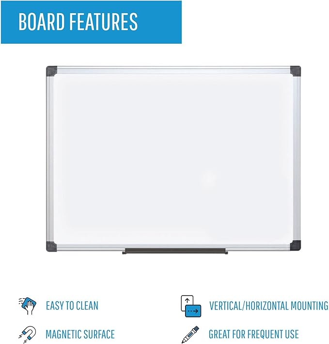 MasterVision Maya Series Magnetic Dry Erase Board, Laquered Steel Whiteboard, Snap-On Marker Tray, Wall Mounting Kit, 18" x 24", Aluminum Frame