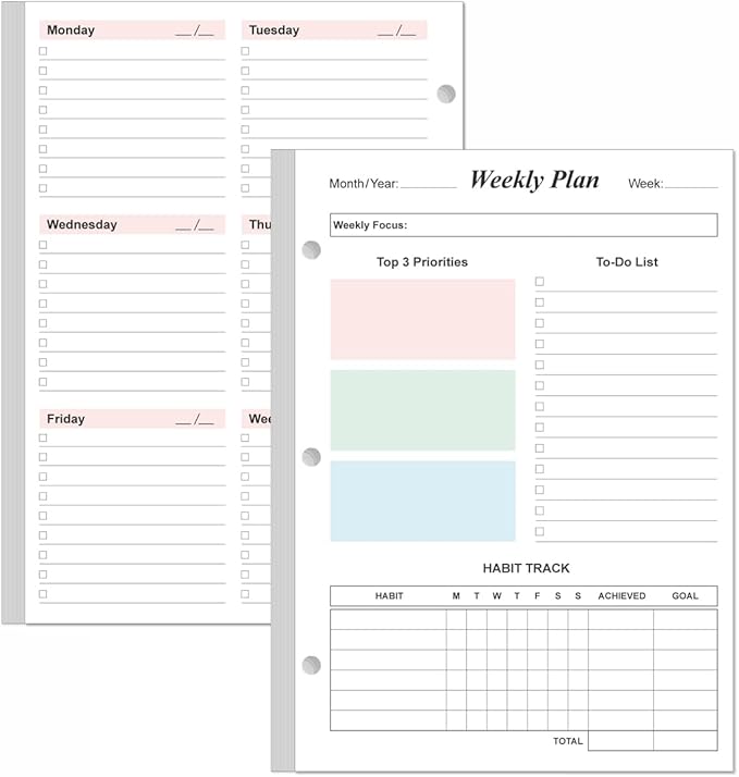 Half Letter Size Weekly Planner Refills for 3 Ring Mini Binders - 53 Sheets/106 Pages Undated Colorful Weekly Planner, 100 gsm White Paper, Lasts 1 Year, Undated, 5.8" x 8.3"