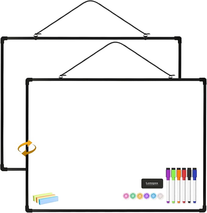 Dry Erase Board for Wall, 24" x 18" Double-Sided Hanging White Board with 6 Markers, 6 Magnets and 3 Mini Sticky Notes, Portable Whiteboard for Home, Office, School, Black Frame