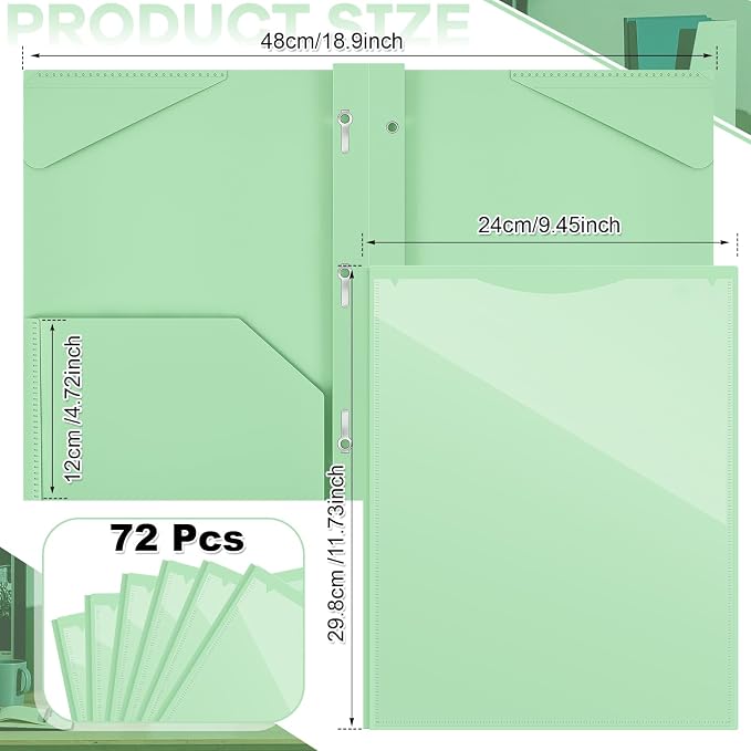 Henoyso 72 Pcs Plastic Folder with Clear Front Pocket and 3 Prong Plastic Folders with Card Slot Pocket Folders with Prongs for School Office (Light Green)