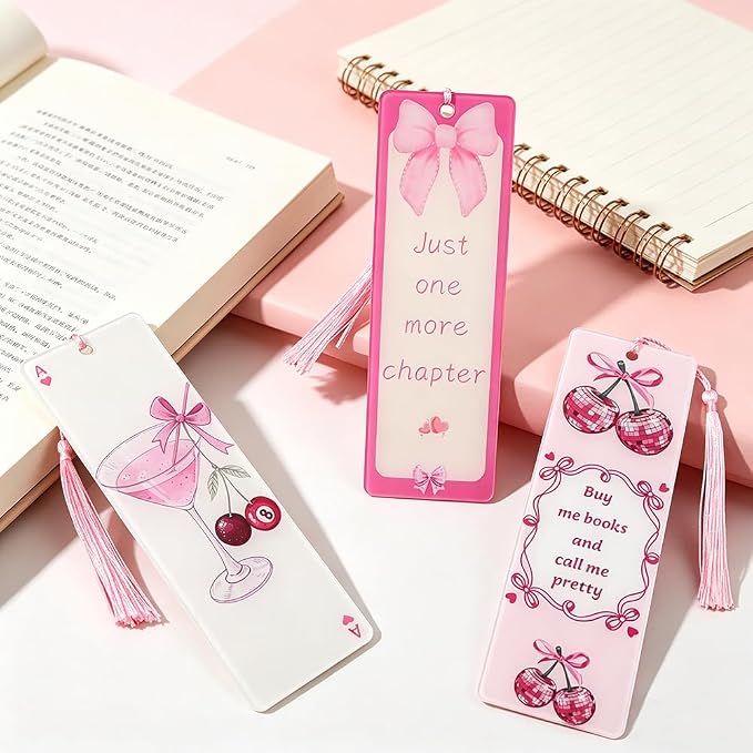 3PCS Spicy Cherry Acrylic Bookmark with Pink Tassel Birthday Gift for Women Spicy Book Lover Book Charm (3pcs Cherry)