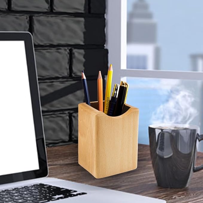 Natural Wooden Pen Box Desktop Stationery Organizer Creative Simple Solid Wood Pencil Holder for Office Supplies (Beech Wood)