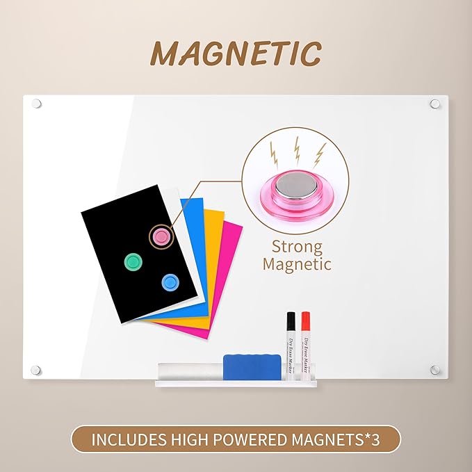 Acrylic Magnetic Dry Erase Board for Wall, White Board 36”x24”，Frameless Magnetic Dry Erase Board for Office,Classroom and Home for Kids,Students,Adults.6090W