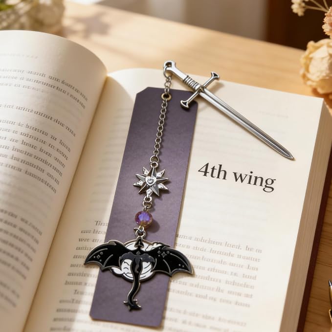 Silver Dragon Bookmark with Sword and Fourth Wing Antique Metal Tassel Pendant, Bookmarks for Reading Women, Men, Book Lovers, Teachers and Students, Christmas Birthday Gifts