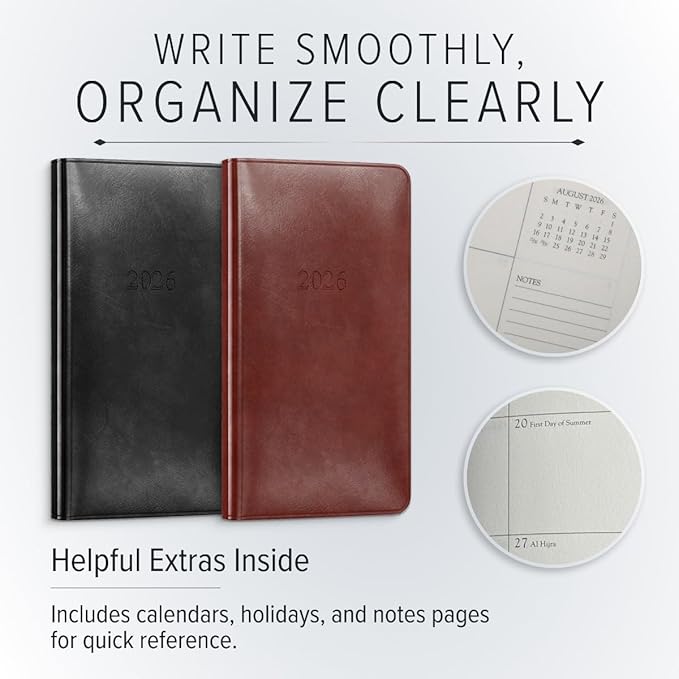 Gallery Leather Pocket Weekly Monthly Planner 2025-2026, Elegantly Bound Calendar Planner and Notebook with Stylish Gold-Gilded Page Edges, 12 Months - Acadia Cactus - 6 x 3.25 "