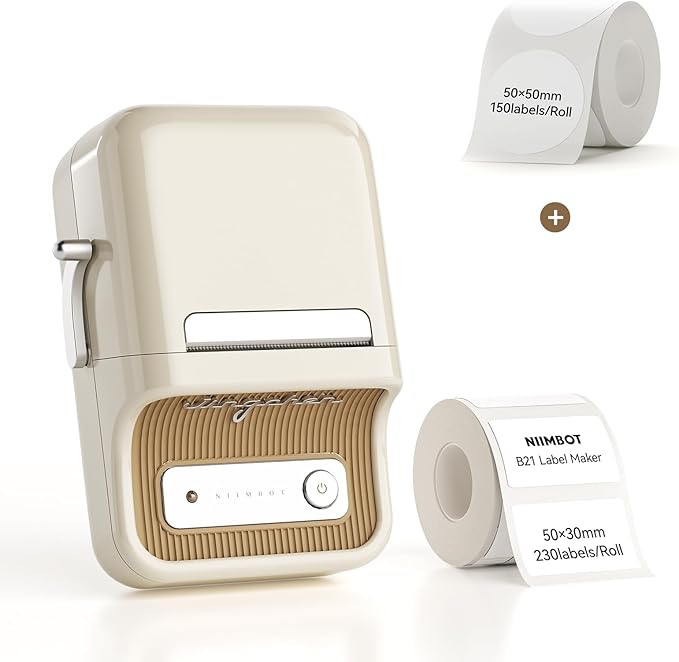 NIIMBOT B21 Bluetooth Label Maker (White) with 1 Roll White Round Label Tape 50×50mm-150Labels/Roll