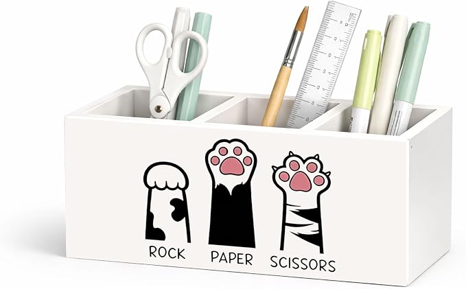 Cat Paw Desk Organizer, Wooden Pen Holder, Rock Paper Scissors Design, Cute Desk Storage for Pens, Markers, Scissors, Rulers – For Cat Lovers, Students, Teachers