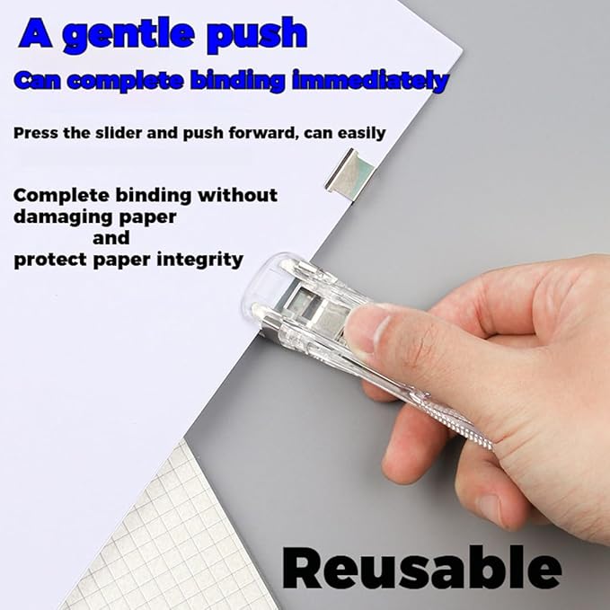 Portable Binder Clip Stapler - Includes 100 Reusable Clips, No Staples, No Holes,Push Clip Paper Clam Dispenser, Reusable Desktop Stapler for Document Home School (1-E)
