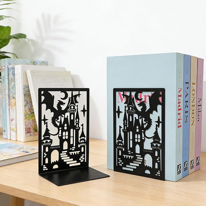 Book Ends, Bookends, Book Ends for Shelves, 1Pair Non Skid Metal Book Divider Decorative Holder, Abstract Art Desgin Book Stopper Supports for Office, Home (Dragon D)
