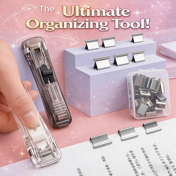 Portable Binder Clip Stapler with 100PCS Reusable Push Clips, Handheld Paper Clam Dispenser, Non-Destructive Desktop Stapler Alternative for Office School Home, Document Binding (Pink-2pcs)