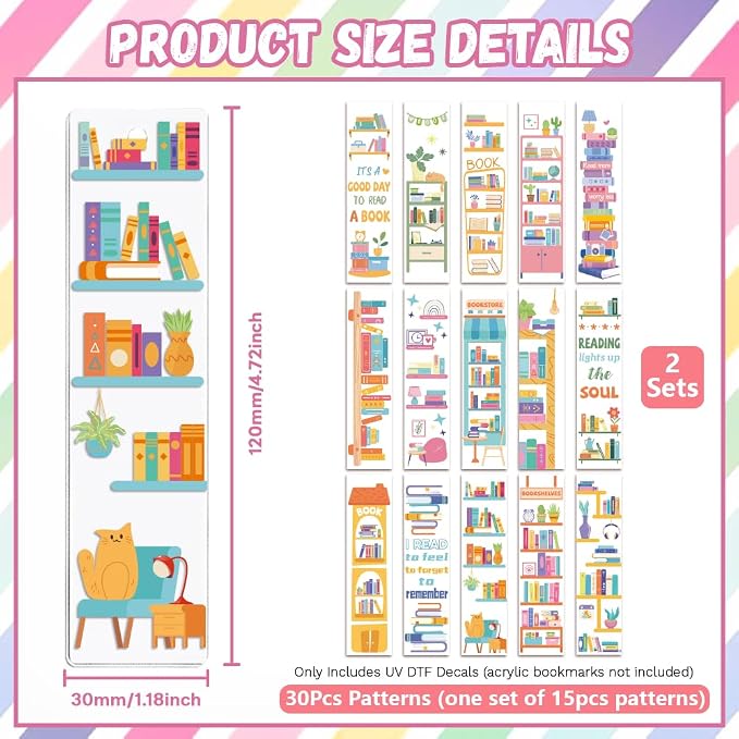 Peacoblue 30pcs UV DTF Bookmarks Transfer Stickers Wraps Candy Color Bookshelf for Women Men Reading, Waterproof Bookmarkers Decal(No Blank Bookmarks) for Acrylic Plastic Metal Blank Bookmark