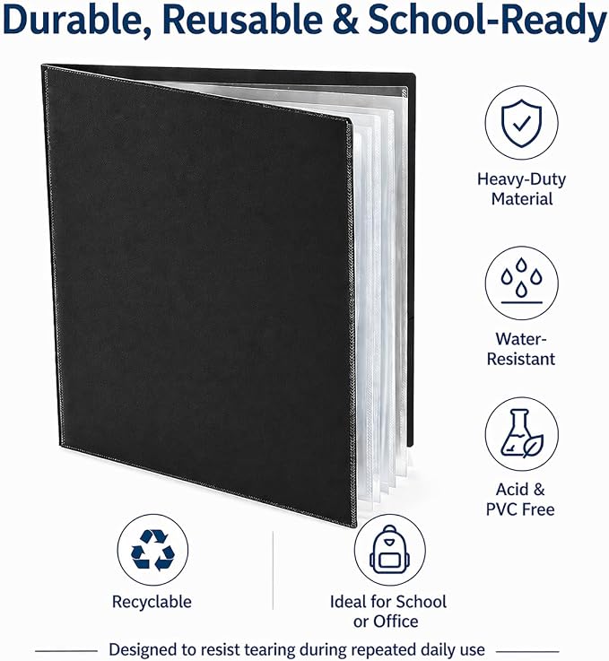 Ultra PRO - 50 Pack Black Heavy Duty 2-Pocket Folders with 6 Clear Internal Pages, Waterproof Poly Project Organizer for School and Office, Fits 8.5 x 11 Letter Size, Customizable Clear Covers