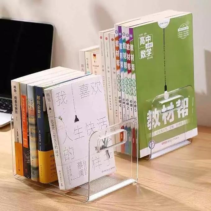 Clear Acrylic Book Stand Organizer, Desktop Book Holder with Anti-Tilt Design, Transparent Plastic Bookends for Office Desk & Home Study Use