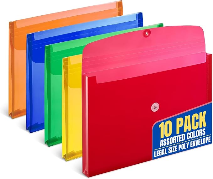 1InTheOffice Poly Envelopes Button & String Closure, Expanding Wallet, Legal Size, Assorted Colors, 10/Pack