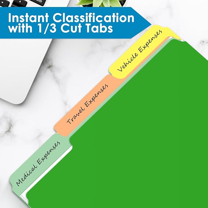 WEMEMORN 120-Pack Assorted Color File Folders, 8.5 x 11 Inch, 1/3 Cut Tab, Letter Size, Blue, Red, Green, Yellow, Orange