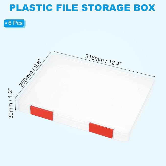 PATIKIL Clear A4 File Portable Project Case with Buckle Plastic Storage Box for 8.5" x 11" Letter Paper Scrapbook Paper Storage Boxes, 6Pcs, 12.4"x9.8"x1.2", Dark Red