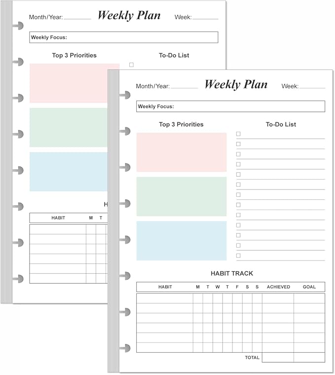 (2-Pack) Weekly Planner Undated Refills - Junior Size 106 Sheets/212 Pages Colorful Weekly Planner for 8-Disc Discbound, 100 gsm White Paper, Lasts 2 Year, Undated, 5.8" x 8.3"