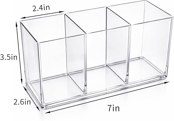 2-Pack Clear Acrylic 3-Compartment Organizer, Pen Holder for Desk, Makeup Brush Holder, Remote Control Holder,