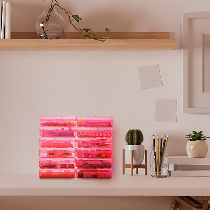 Leelosp 12 Pack Clear Pencil Boxes for School Bulk, Large Plastic Pencil Case with Lid, Stackable Hard Crayon Storage Box for Classroom Kids, Desk Drawer Organizer for Office Home(Pink)