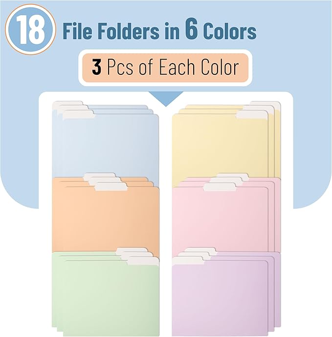Mr. Pen- File Folders, 18 Pack, Pastel Colors, 1/3-Cut Tab, File Folders Letter Size, Colored File Folders, Office File Folder