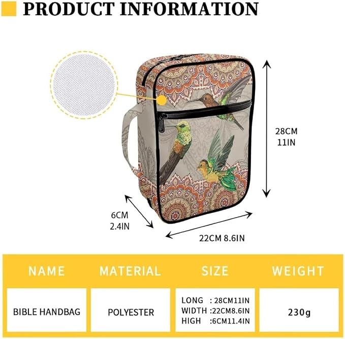 Coldinair Boho Hummingbird Bible Cover Case for Women,Carrying Book Cover Bible Holders with Handle and Zippered Pocket,Fits for Standard/Large Size Bible