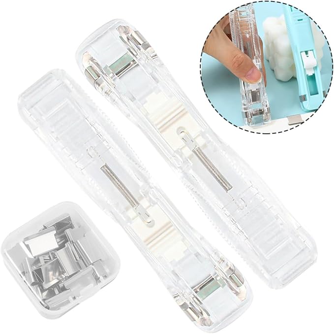 SOLUSTRE Refillable Clip Stapler Set with Push Binder, Portable Desk Stapler for Paper Organization, Office Paper Fastening Accessory for Students and Professionals