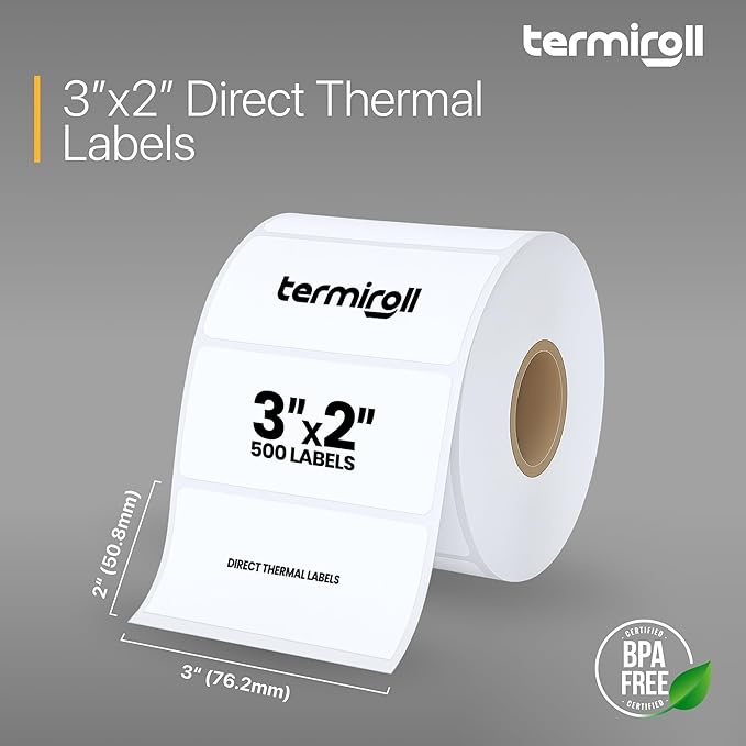 3x2 Direct Thermal Barcode Labels (500/Roll), Perforated Product & Inventory Stickers 76x51mm, Strong Adhesive with Clean, Clear Prints, Compatible with Rollo, Zebra, Munbyn, iDPRT & Jadens
