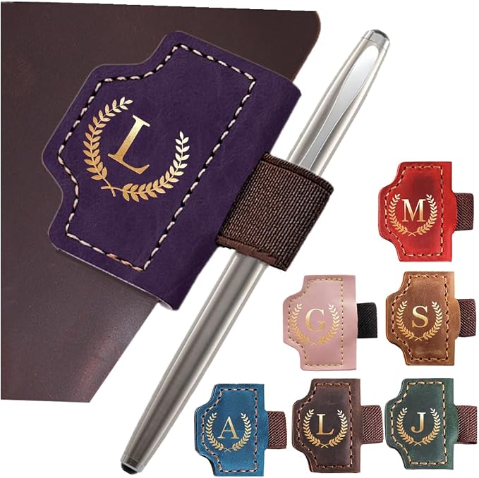Personalized Mark Bookmark with Pen Holder, Leather Magnetic Book Marker 26 Letters,Custom Initials Page Marks, Gifts for Book Lovers Readers Men Women (Purple, L)