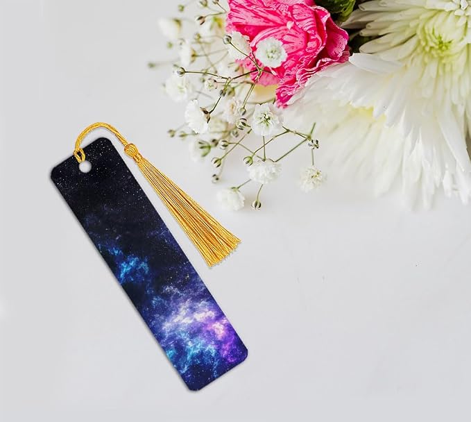 WIRESTER Set of 3 Metal Bookmarks with Light Gold Tassel for Students, Reader, Teachers, Book Lovers - Purple Nebula Galaxy, Galaxy Star Space, Celestial Blue Purple Galaxy