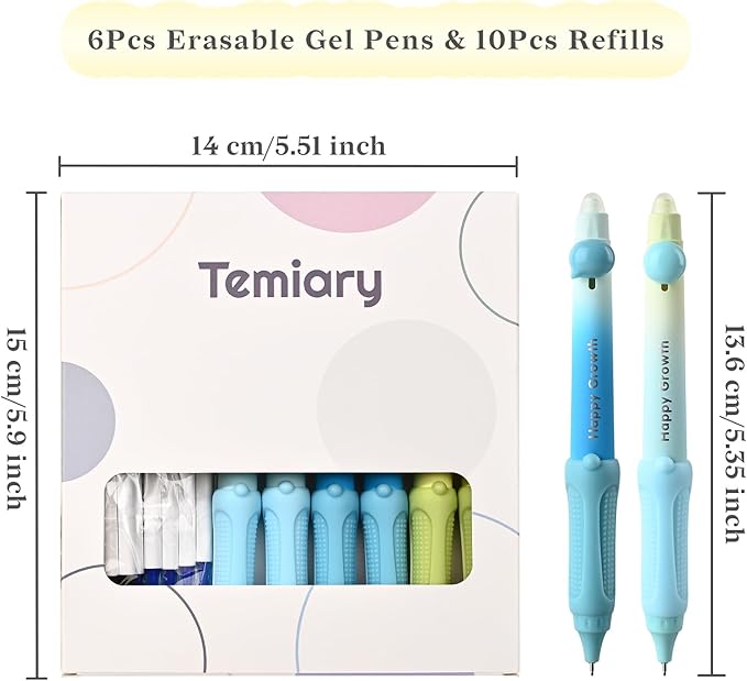 Temiary 6 Pcs Retractable Erasable Gel Pens & 10 Pcs Refills, Ink Pen with Eraser, 0.5 mm Fine Point Smooth Writing for Crossword Puzzles Journal Supplies (Morandi)