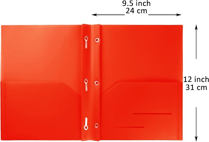 Youngever 6 Pack Heavy Duty Plastic Two Pocket Folders with 3 Prongs, Metal Prongs Fastener, Heavy Duty Plastic 2 Pocket Folder (Red)
