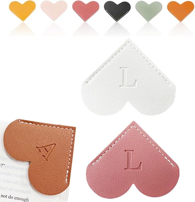 Personalized Leather Heart Bookmark, 26 Letters Customized Corner Book Mark for Reading Women, Book Marker with Initials，Cute Gifts (White+Deep Pink, L)