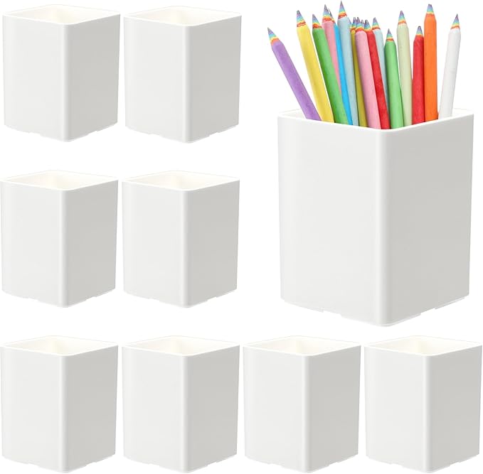 Jutom 8 Pcs White Acrylic Pen Holder for Desk, Pencil Cup Bulk Makeup Brush Storage Organizer, Desktop Pencil Cup Stationery Desktop Stationery Organizer for Office School Home Supplies