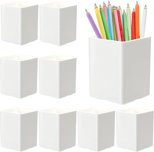 Jutom 8 Pcs White Acrylic Pen Holder for Desk, Pencil Cup Bulk Makeup Brush Storage Organizer, Desktop Pencil Cup Stationery Desktop Stationery Organizer for Office School Home Supplies