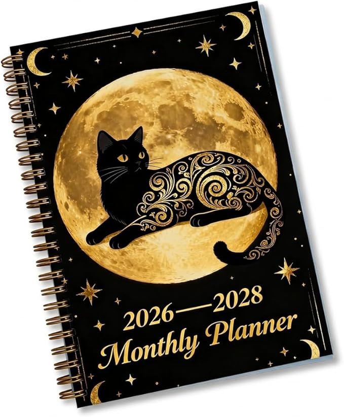 1Pc Black & Golden 2026-2028 Planner Gold Cat Tarot Spiral Gothic Moon Phase Diary, A5 Monthly Calendar & Undated Notebook, Witchy Gift for Cat Lovers
