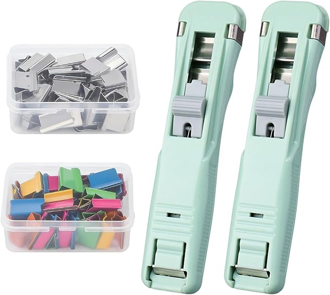 Portable Binder Clip Stapler - Includes 100 Reusable Clips, Compact No-Hole Binding Refillable Handheld Design, Portable Binder Clip Stapler for Office School Home Document Organization (Green*2)