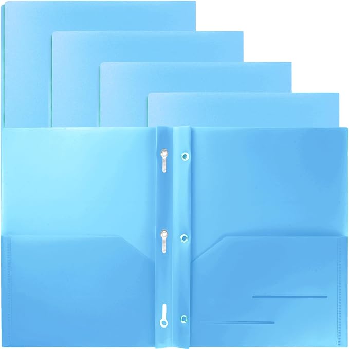 Youngever 6 Pack Heavy Duty Plastic Two Pocket Folders with 3 Prongs, Metal Prongs Fastener, Heavy Duty Plastic 2 Pocket Folder (Light Blue)