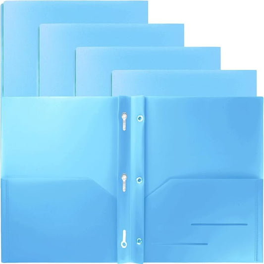 Youngever 6 Pack Heavy Duty Plastic Two Pocket Folders with 3 Prongs, Metal Prongs Fastener, Heavy Duty Plastic 2 Pocket Folder (Light Blue)